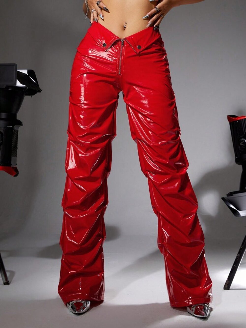 Red Casual Womens Y2k Fold-Over Low-Waist Slim-Fit faux leather shiny Pants